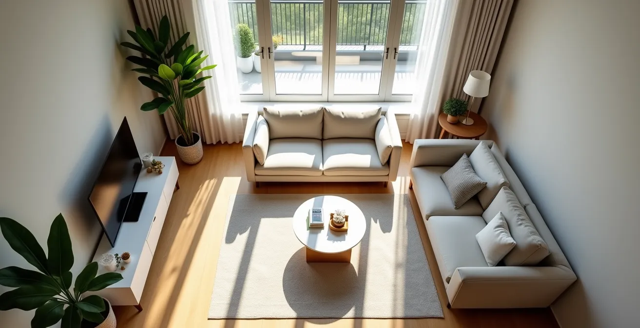 Vue aérienne d'un salon de condo avec sectionnel en L optimisant la circulation vers le balcon