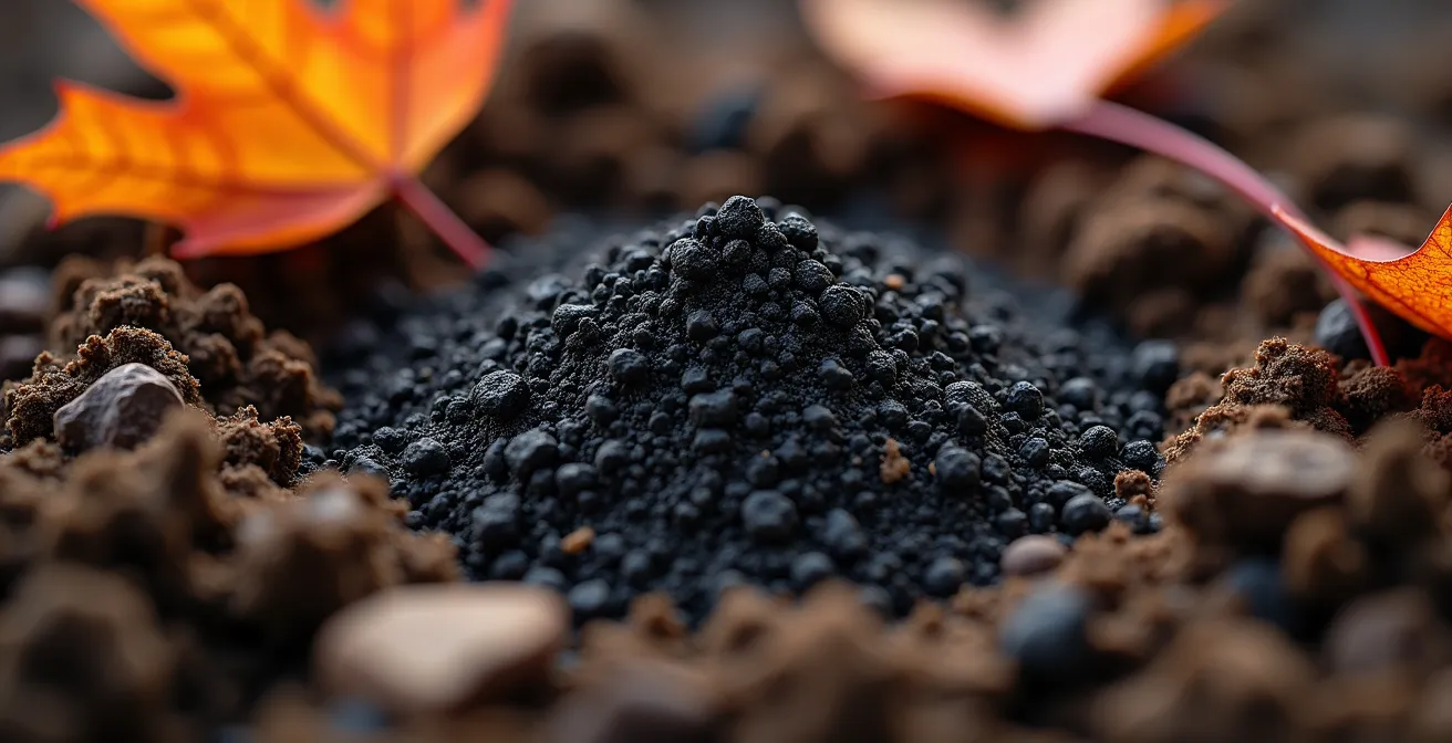 Vue macro de biochar noir poreux mélangé à du compost brun dans un sol de jardin