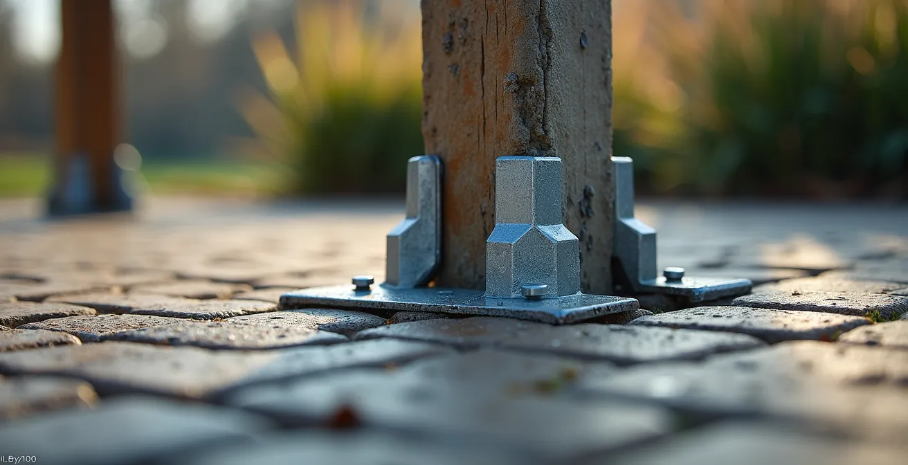 Vue détaillée de l'ancrage d'un gazebo sur dalles avec sonotubes de béton visibles