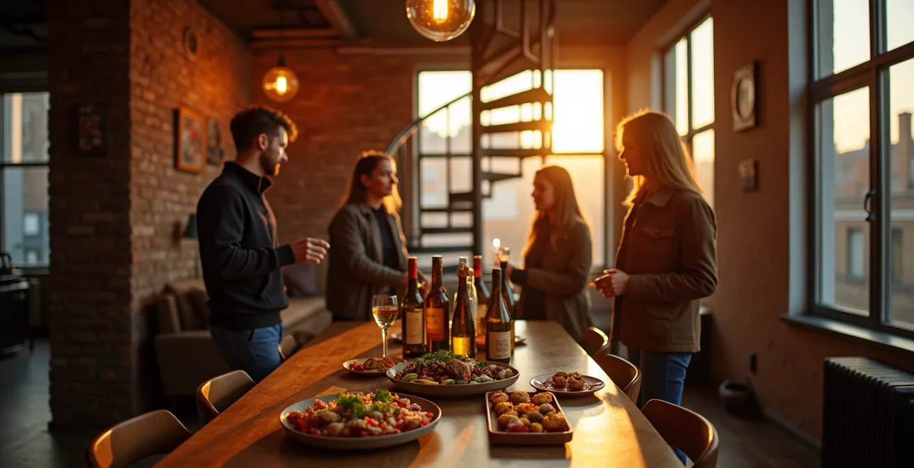 Ambiance chaleureuse d'un apéro dînatoire dans un appartement typique du Plateau Mont-Royal avec vue sur les escaliers caractéristiques