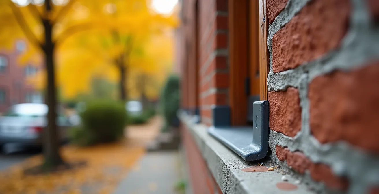 Professionnel appliquant du scellant polyuréthane sur un cadre de porte en bois avec température automnale idéale