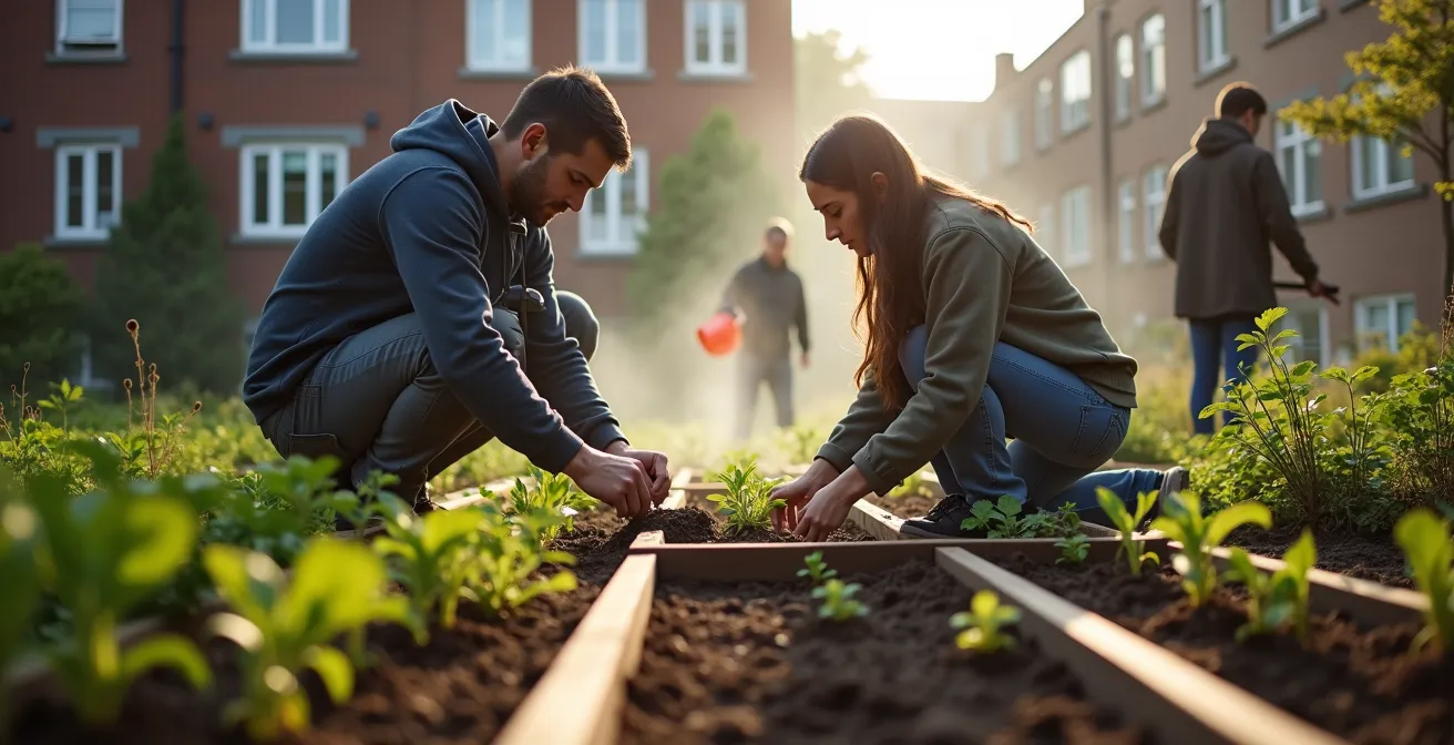 Groupe de bénévoles travaillant paisiblement dans un jardin communautaire montréalais, chacun concentré sur sa tâche individuelle