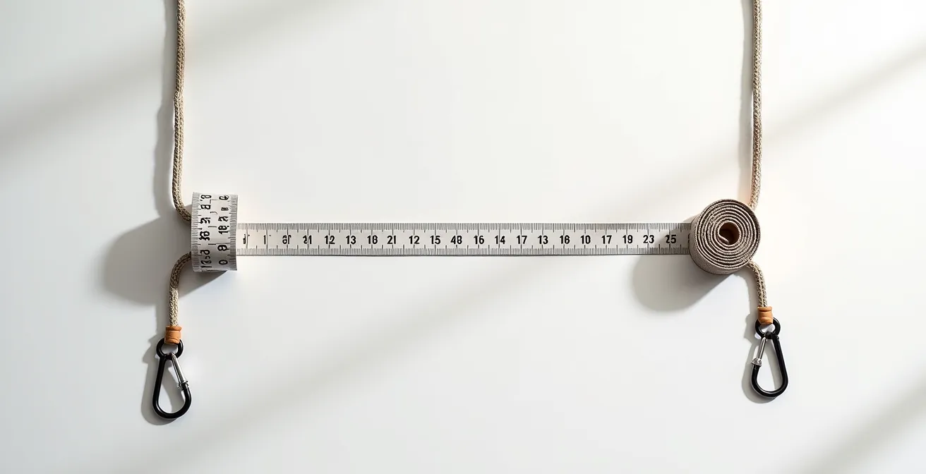 Schéma visuel montrant le calcul de l'espacement et hauteur pour installer un hamac