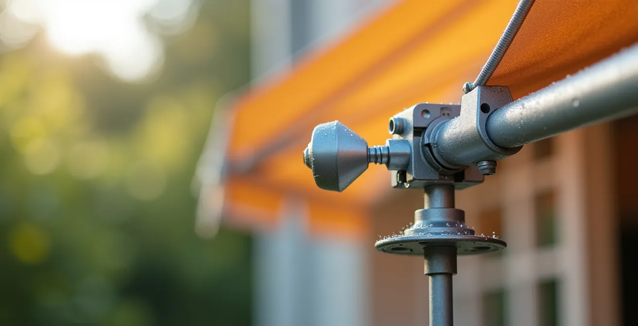 Gros plan sur un capteur de vent fixé sur un auvent motorisé