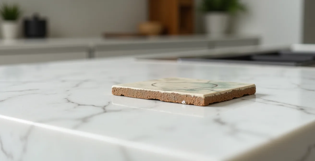 Détail macro de céramique artisanale québécoise texturée sur comptoir de quartz blanc épuré