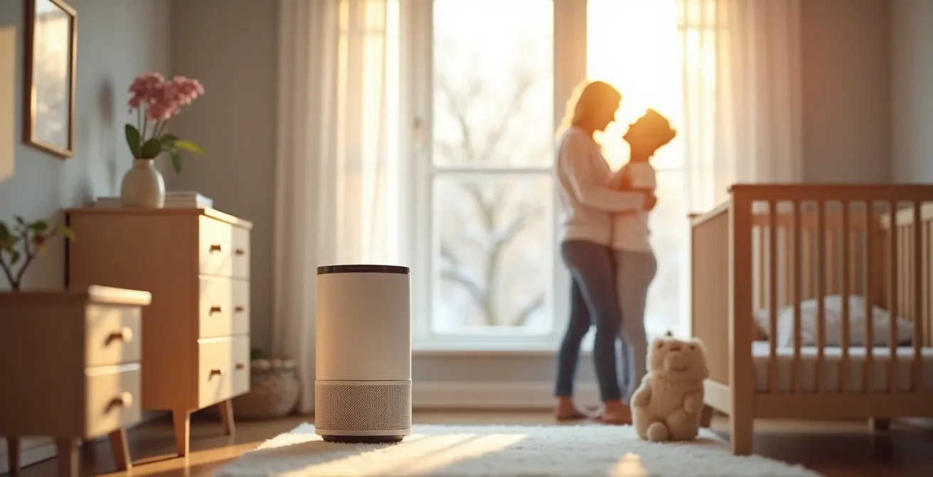 Chambre d'enfant lumineuse avec fenêtre entrouverte et purificateur d'air, suggérant une ventilation hivernale sécuritaire