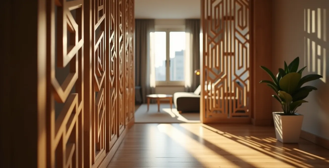 Claustra en bois séparant élégamment l'entrée du salon dans un plex montréalais typique