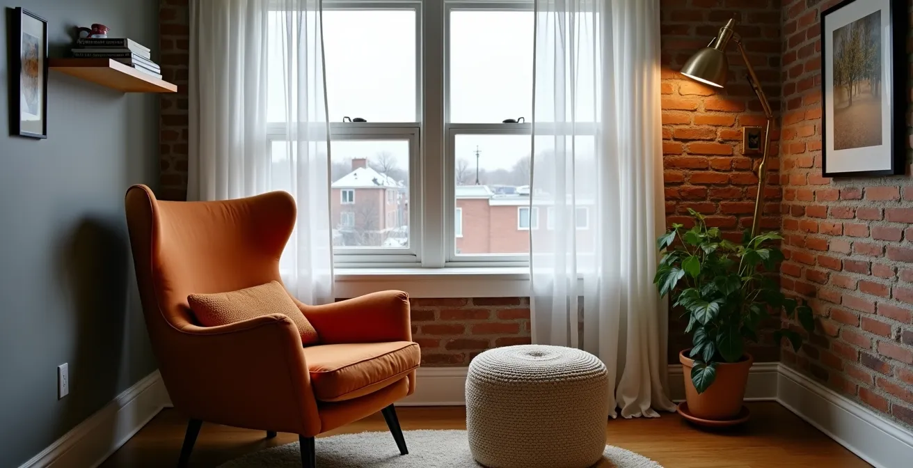 Coin lecture aménagé dans le renfoncement d'un appartement avec vue hivernale