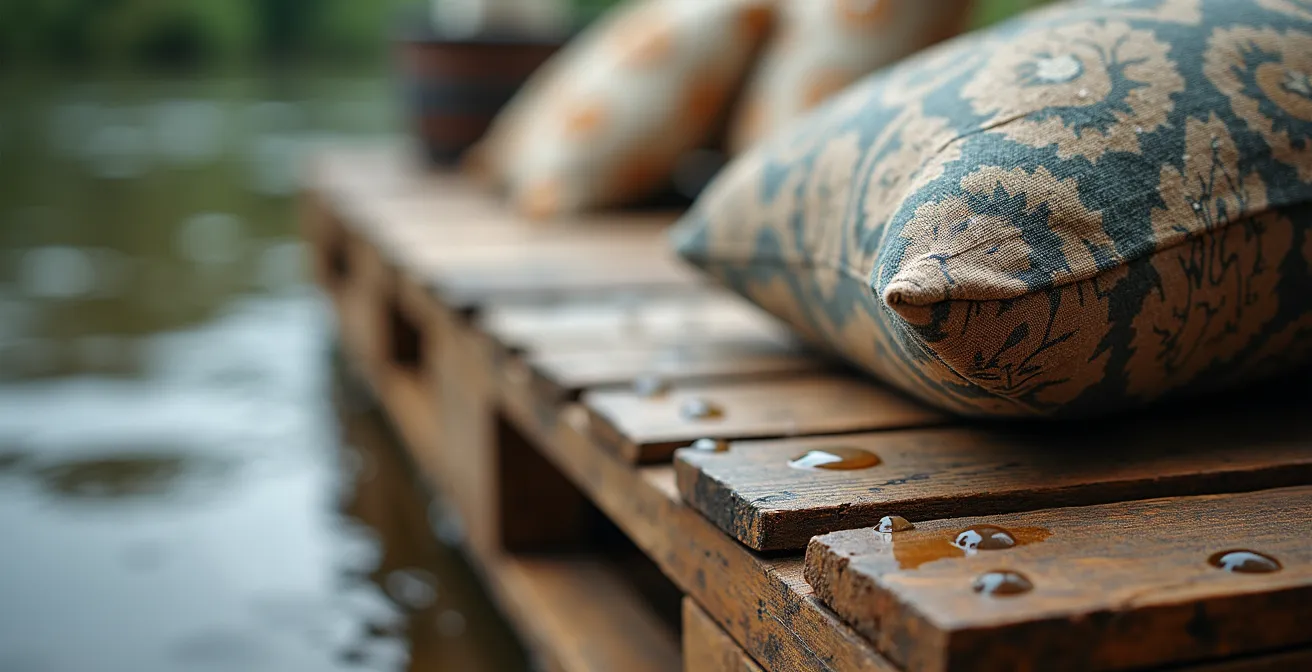 Installation créative d'un espace lounge éphémère sur les berges avec palettes recyclées et coussins colorés