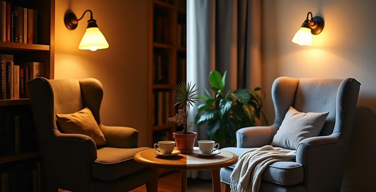 Comparaison visuelle entre éclairage 2700K et 3000K dans un intérieur montréalais