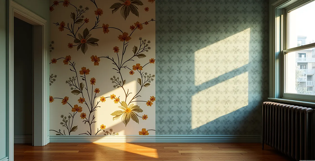 Vue comparative de deux murs avec motifs différents dans un appartement montréalais