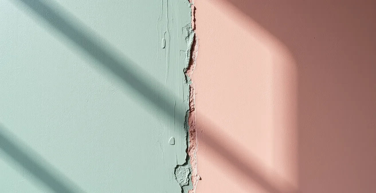 Gros plan sur une surface murale texturée avec éclairage rasant montrant la différence entre zones mates et satinées