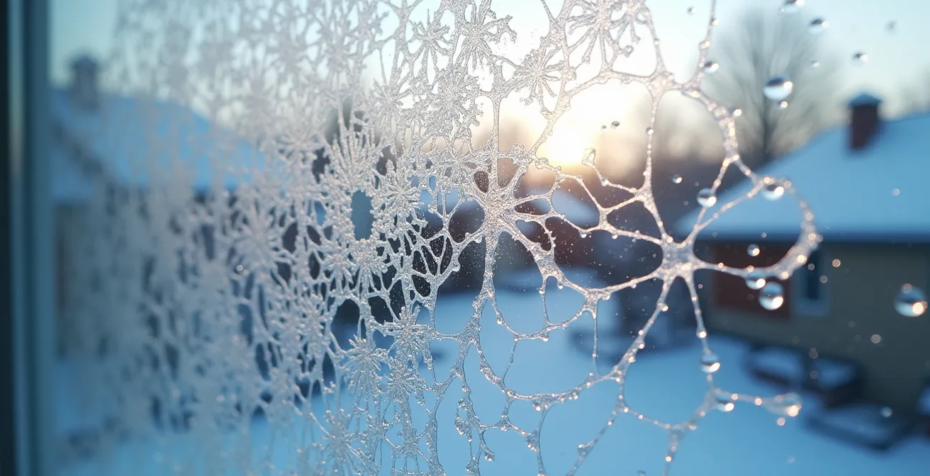 Gros plan sur une fenêtre avec condensation et formation de givre montrant les problèmes d'humidité en hiver