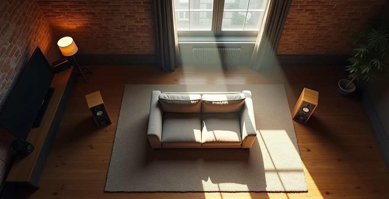 Configuration en triangle de deux enceintes dans un salon avec zones d'écoute optimales