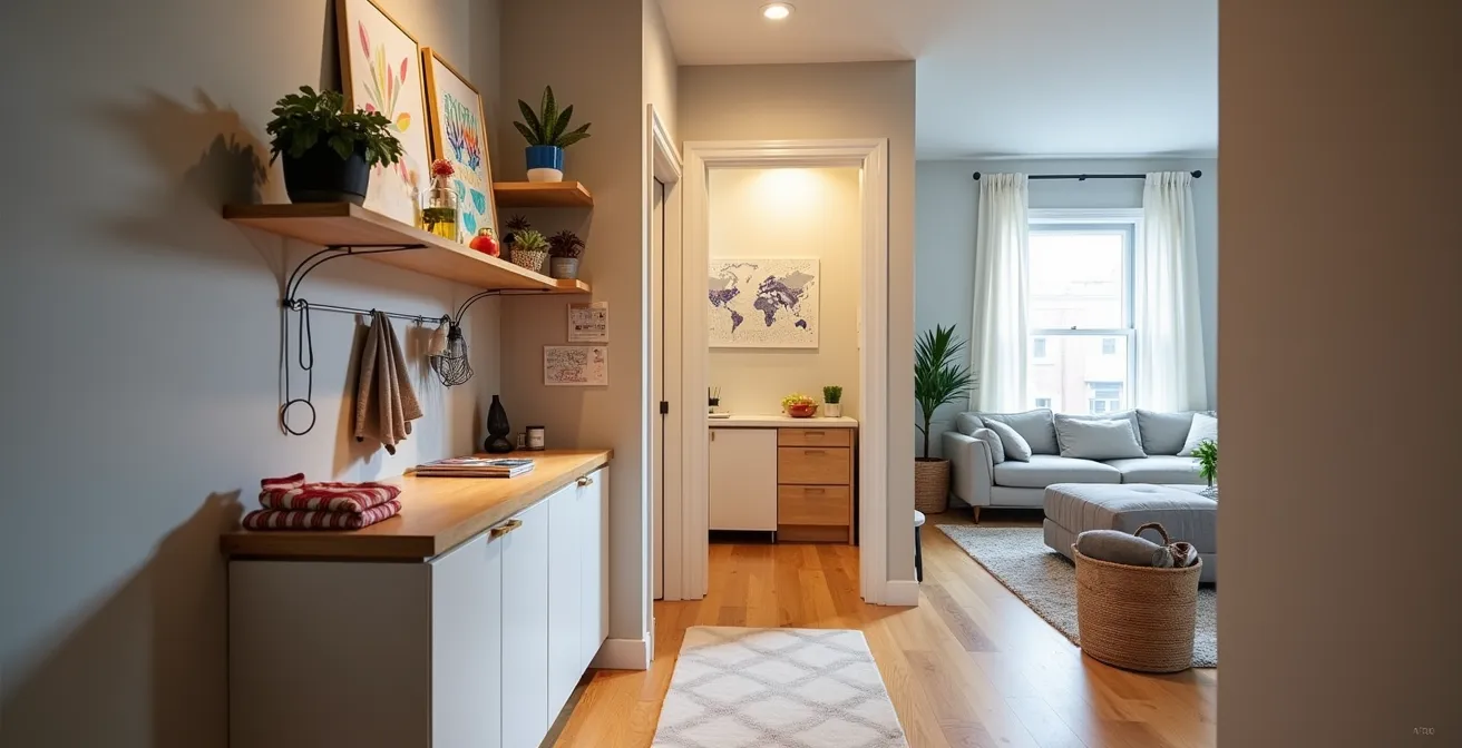 Couloir étroit transformé en espace de rangement familial avec crochets, étagères minces et zone d'affichage pour dessins d'enfants