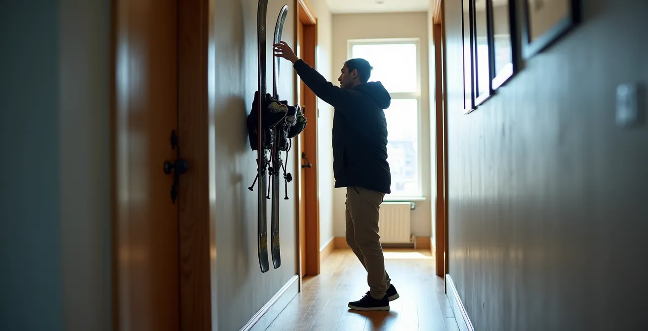 Couloir étroit d'un plex montréalais intelligemment transformé en espace de rangement vertical pour des équipements d'hiver.