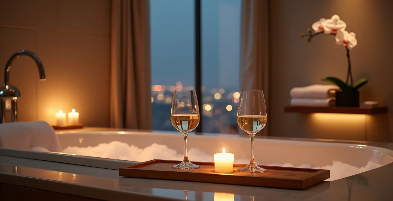 Couple profitant d'un moment romantique dans un bain moussant aux chandelles