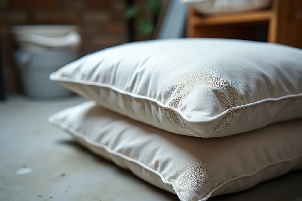 Coussins de jardin rangés dans des sacs de protection sous vide dans un garage organisé