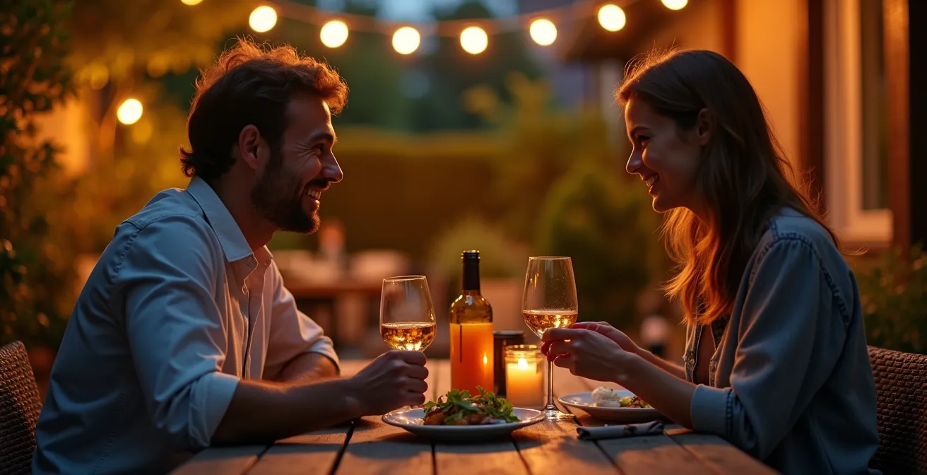 Jardin urbain éclairé le soir avec lumières ambrées chaudes montrant une terrasse accueillante sans insectes visibles