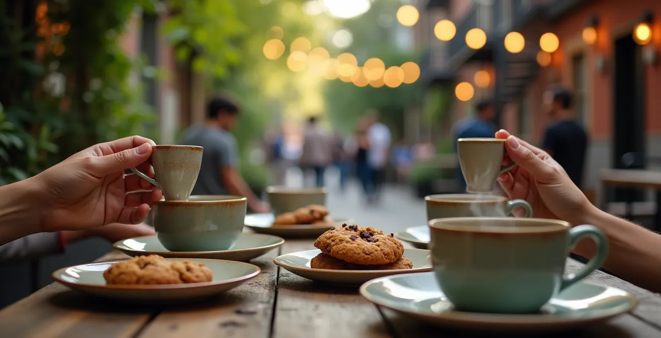 Voisins rassemblés dans une ruelle verte montréalaise lors d'un 5 à 7 printanier, ambiance détendue avec petits groupes de conversation