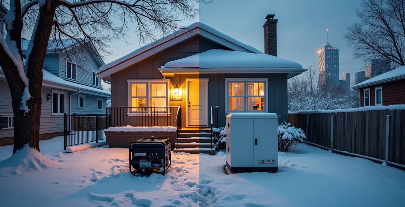 Comparaison visuelle entre génératrice traditionnelle pour maison et station d'énergie portable pour condo