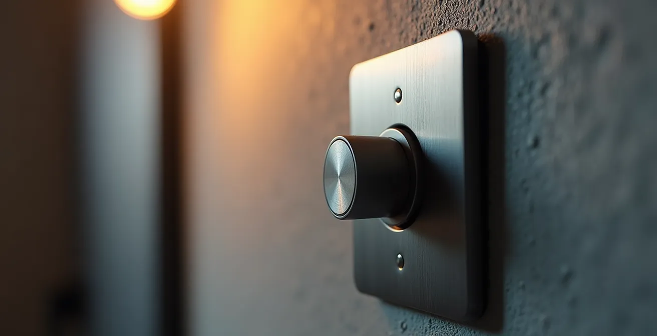 Gros plan sur un gradateur moderne compatible DEL installé dans un mur de plâtre typique des appartements montréalais