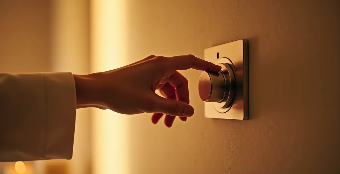 Main ajustant un gradateur mural intelligent pour créer une ambiance tamisée