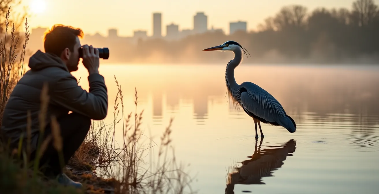 Observateur avec jumelles maintenant une distance respectueuse d'un grand héron sur les berges de Verdun