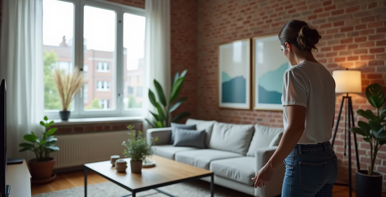 Salon montréalais transformé par home staging avec mobilier minimaliste et éclairage naturel