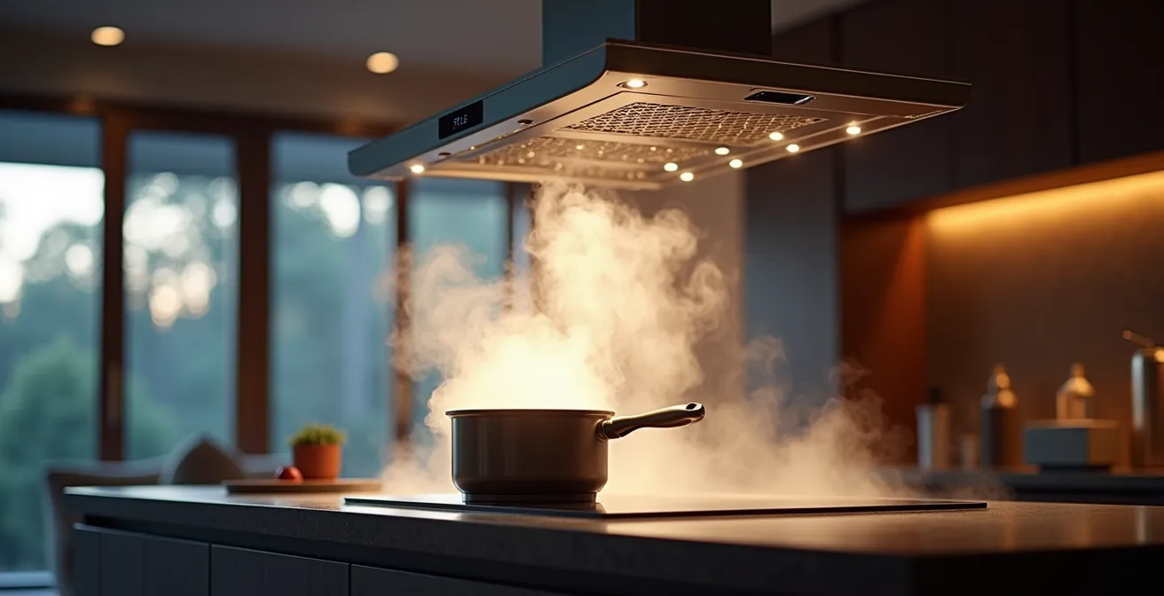 Hotte design suspendue au-dessus d'un îlot central avec éclairage intégré dans une cuisine moderne