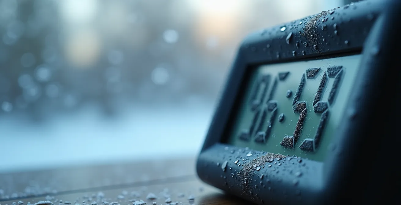 Hygromètre numérique montrant le taux d'humidité idéal dans une maison québécoise en hiver