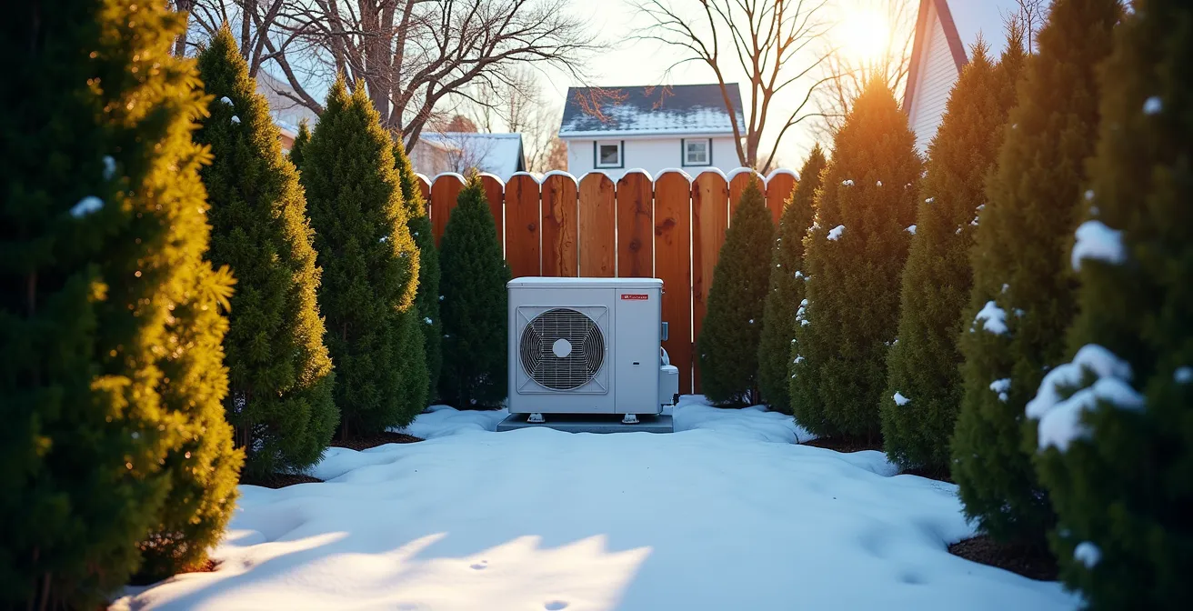 Unité extérieure de thermopompe installée avec écran acoustique végétal