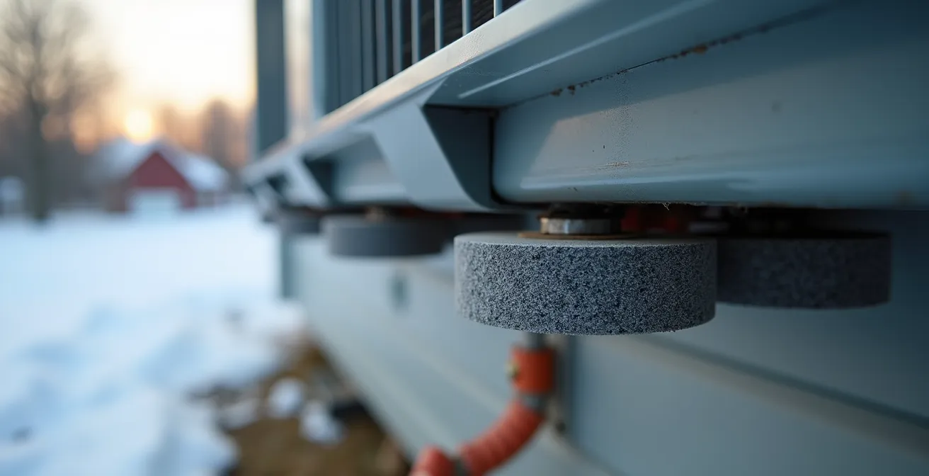 Unité extérieure de thermopompe installée sur supports anti-vibrations avec écran acoustique