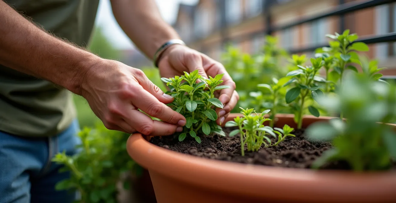 Arrangement de plantes anti-moustiques dans des pots sur un balcon urbain