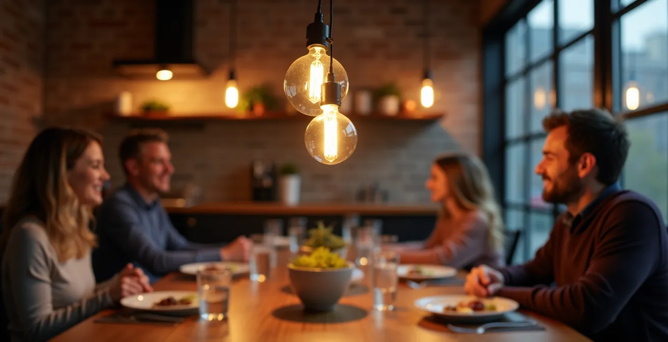 Luminaires suspendus modernes au-dessus d'une table à manger en bois dans un espace ouvert style loft