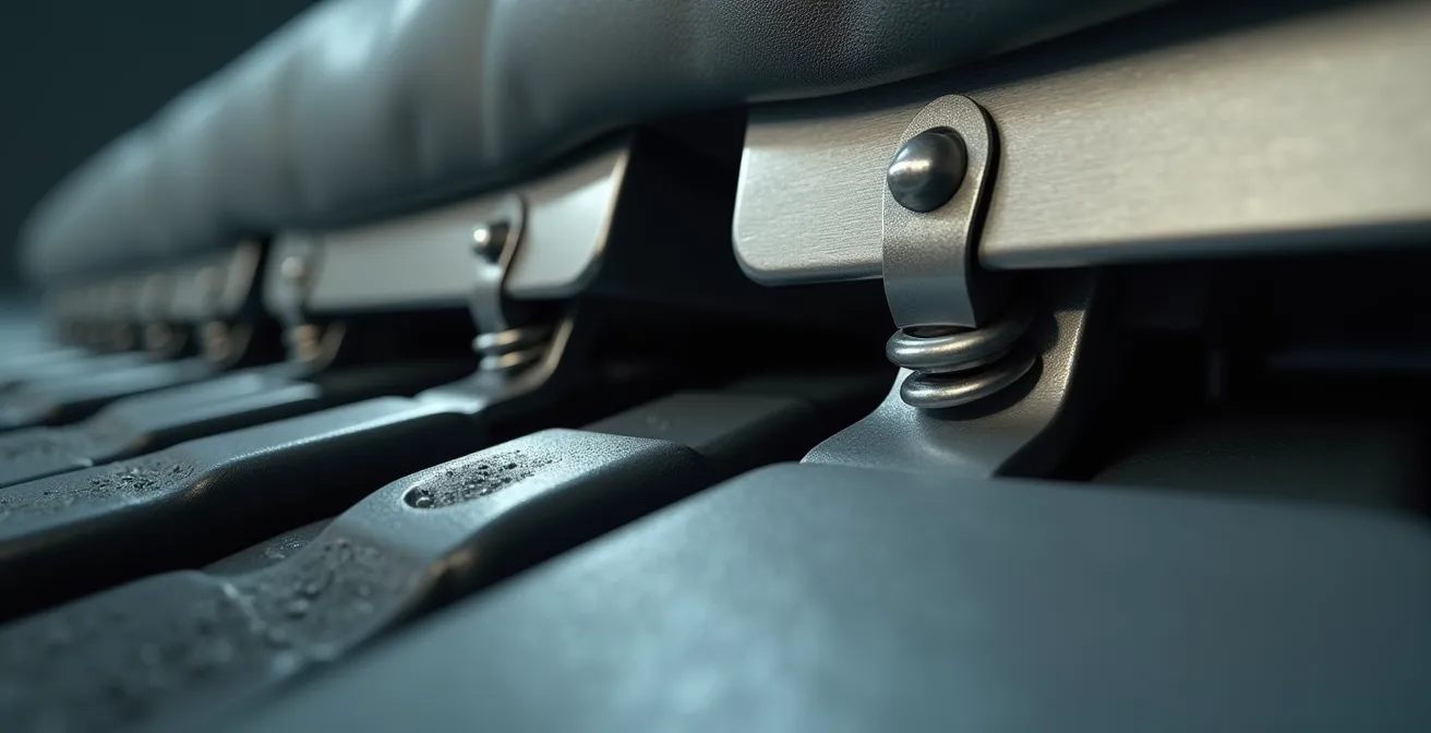 Gros plan sur le mécanisme d'articulation d'un divan-lit avec points de lubrification visibles