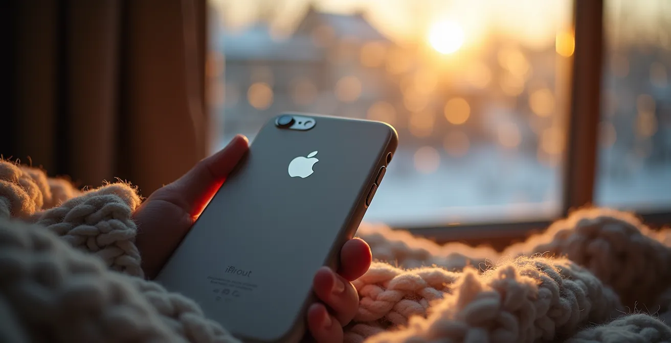 Main tenant un téléphone avec une photo de Montréal enneigé envoyée à un ami, ambiance chaleureuse d'intérieur hivernal