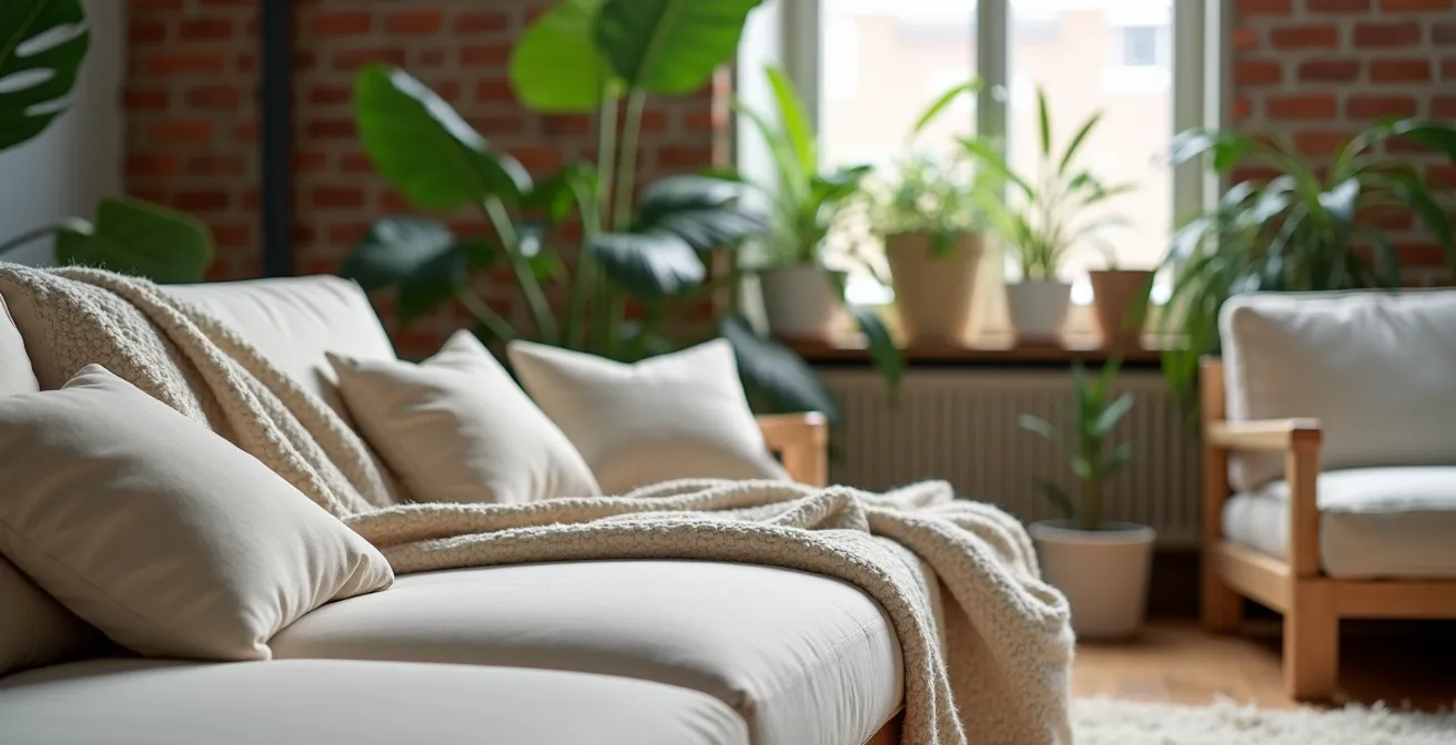 Loft montréalais au style minimaliste chaleureux avec textures douces, bois clair et plantes vertes