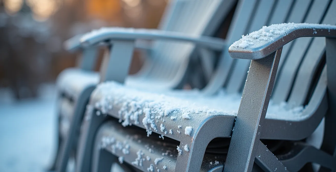 Gros plan sur des chaises de terrasse empilables en aluminium couvertes de neige, montrant leur résistance hivernale