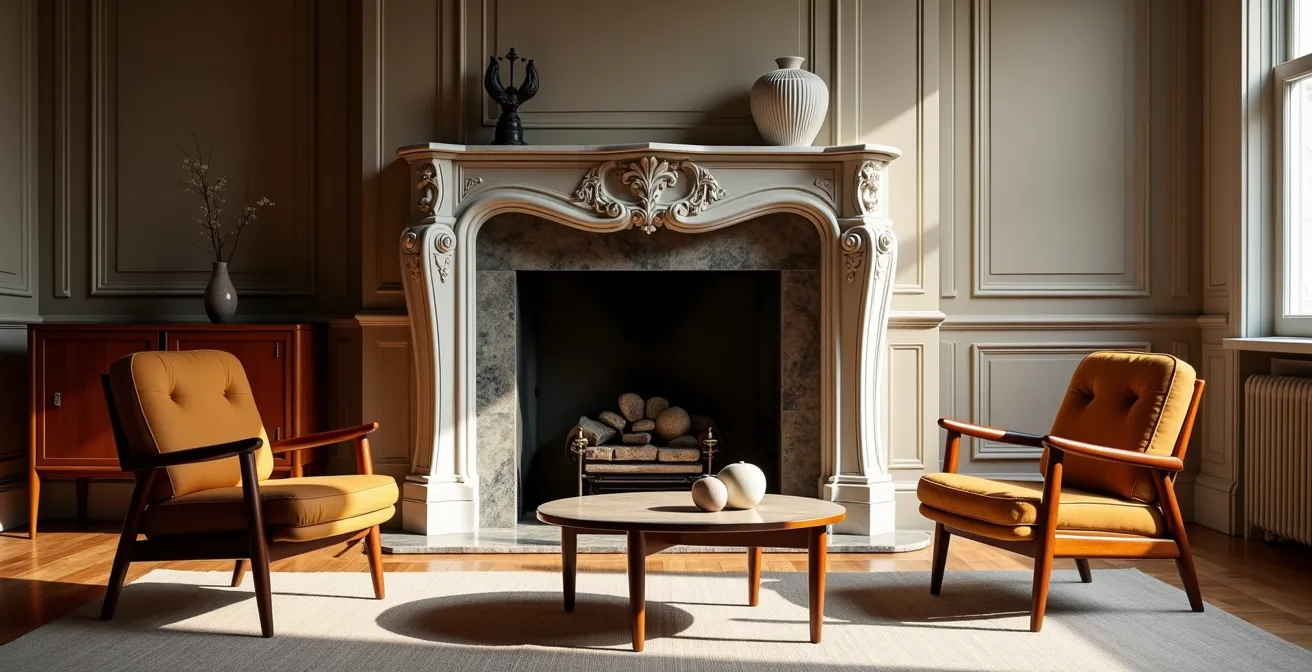 Salon montréalais mêlant mobilier mid-century en teck et éléments victoriens avec cheminée en marbre