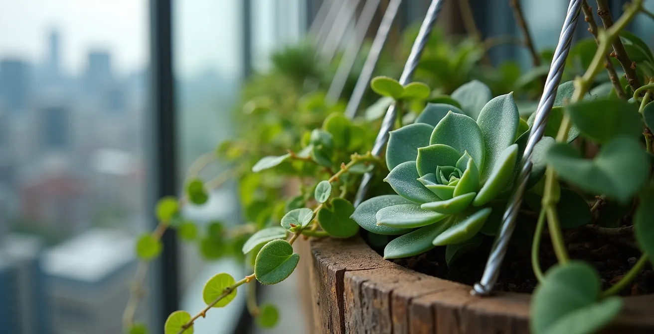 Installation d'un mur végétal avec système de tension sur un balcon d'appartement à Montréal
