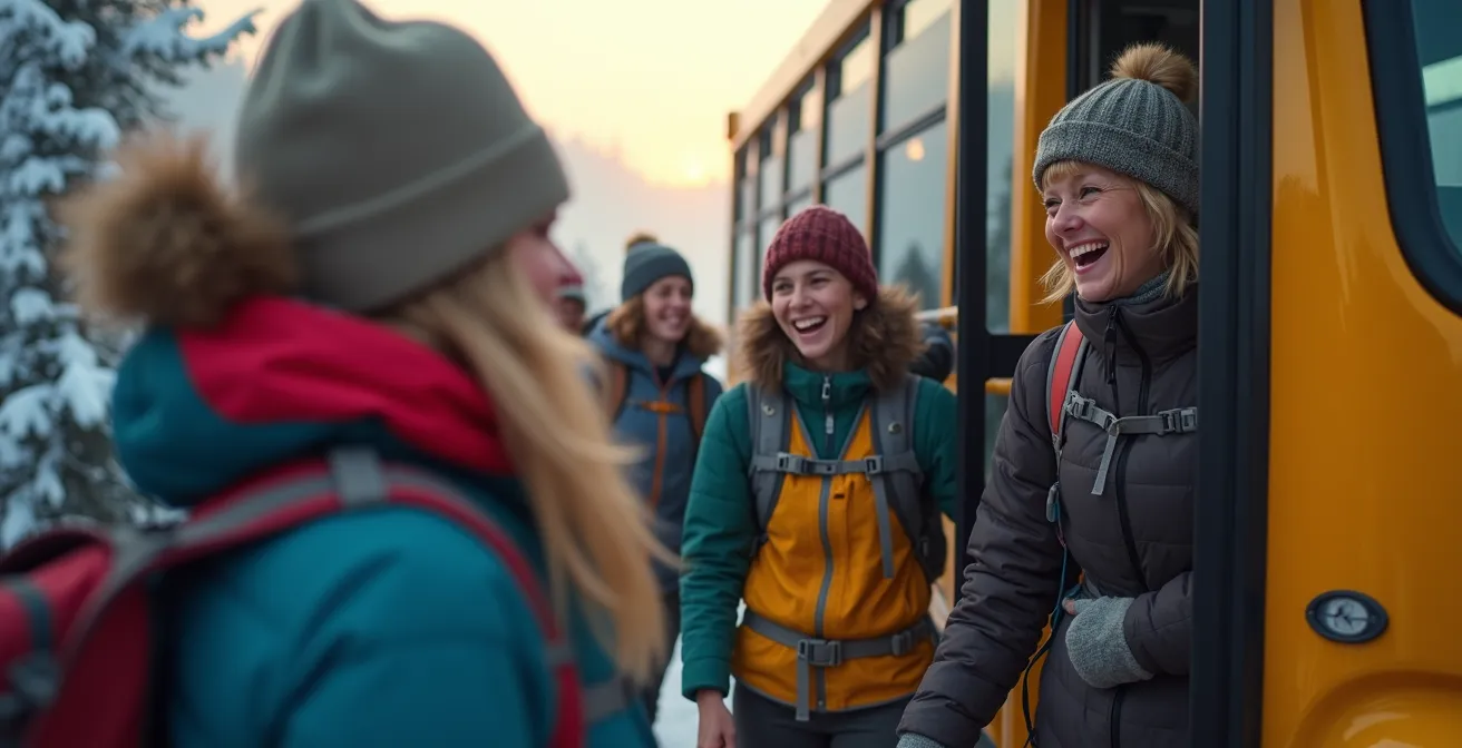 Autobus jaune de la Navette Nature stationné devant l'entrée enneigée du parc national avec randonneurs