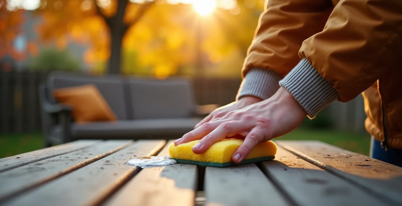 Personne nettoyant délicatement du mobilier de jardin avec une éponge douce avant l'hiver