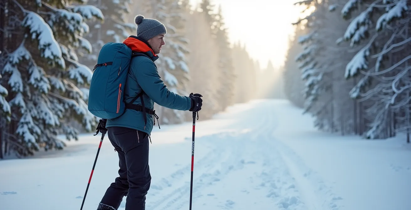 Piste de ski de fond fraîchement damée après une tempête au Mont-Royal