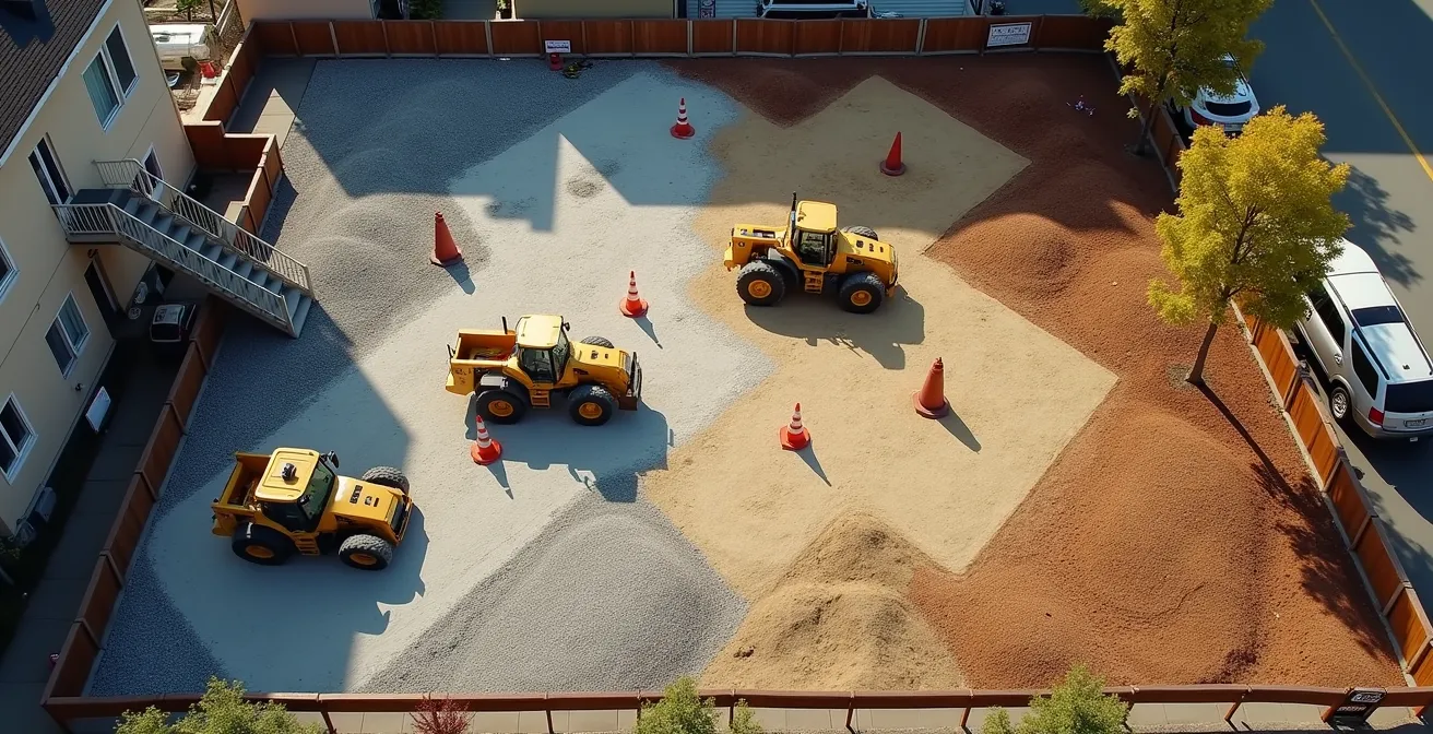 Vue aérienne d'un chantier résidentiel montréalais avec zones de stockage et chemins d'accès délimités