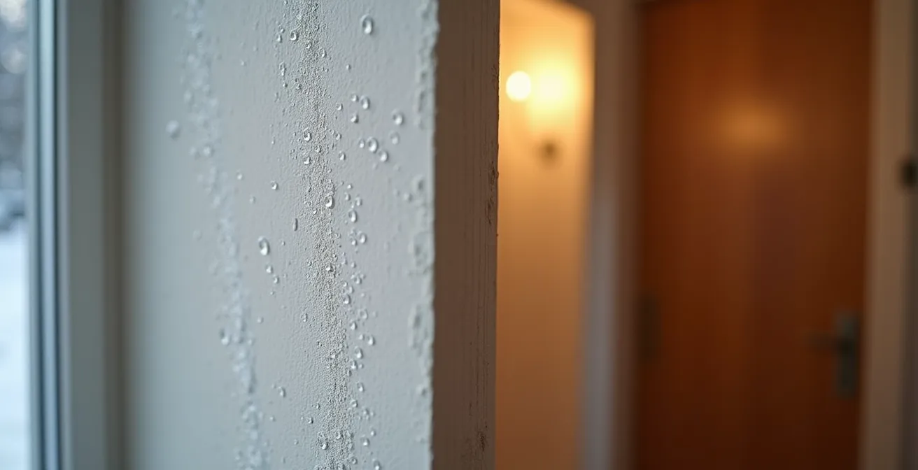 Coupe technique montrant l'espace nécessaire entre un mur extérieur et une armoire pour éviter la condensation