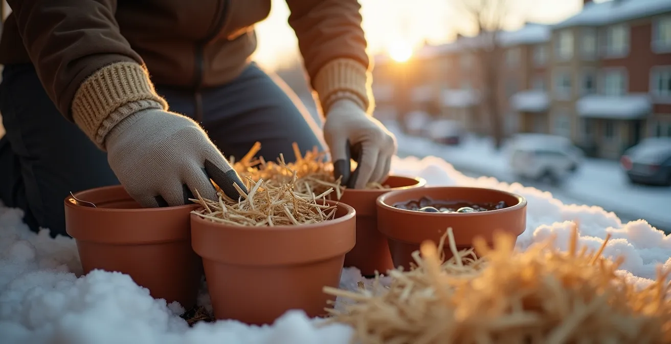 Pots regroupés et isolés sur un balcon montréalais en hiver avec protection de neige