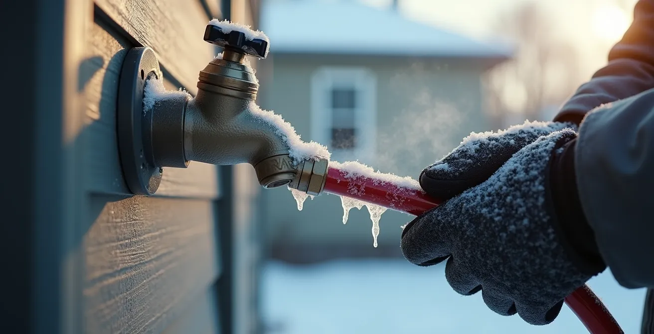 Vue détaillée d'un robinet extérieur avec système antigel et tuyau débranché en hiver