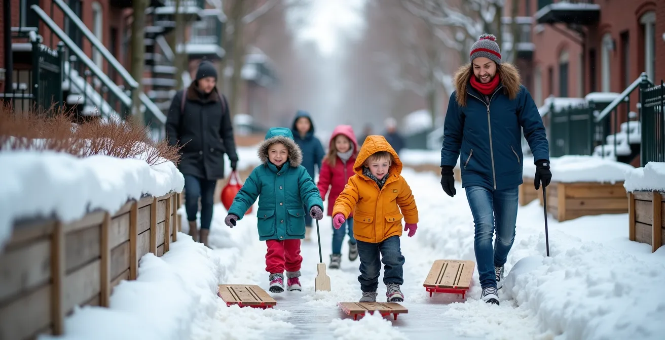 Ruelle verte montréalaise enneigée avec patinoire improvisée et enfants jouant