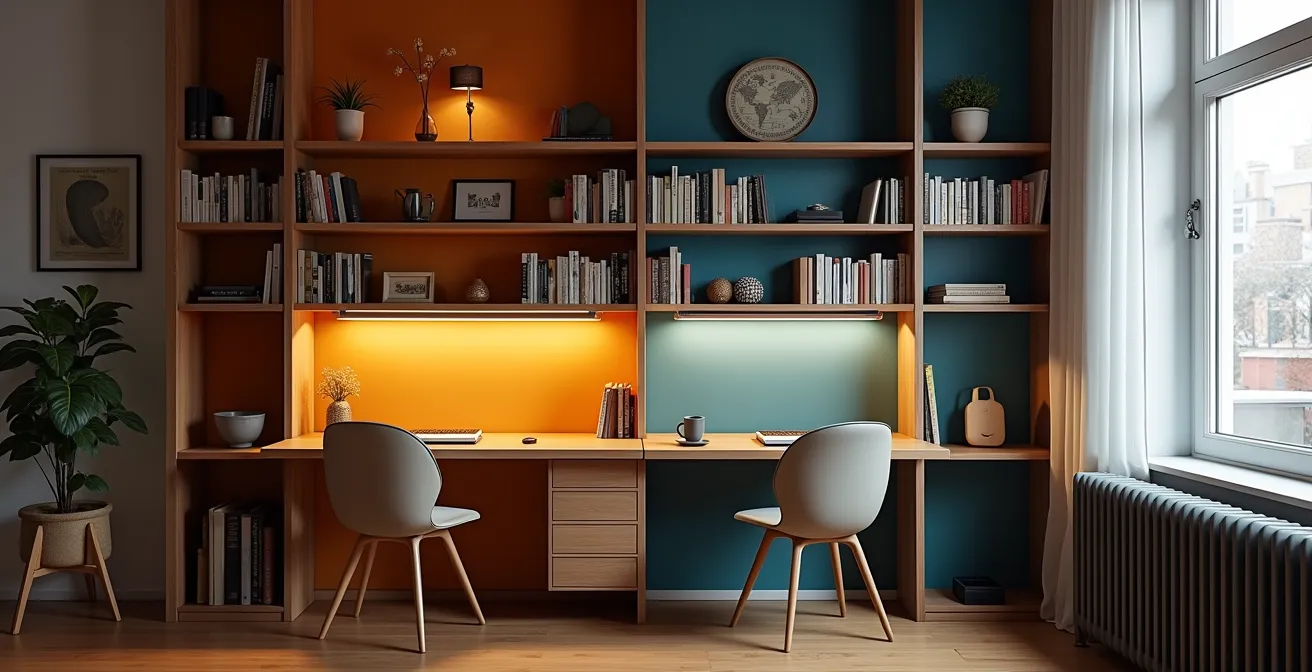 Espace bureau délimité dans un salon d'appartement montréalais avec bibliothèque comme séparation